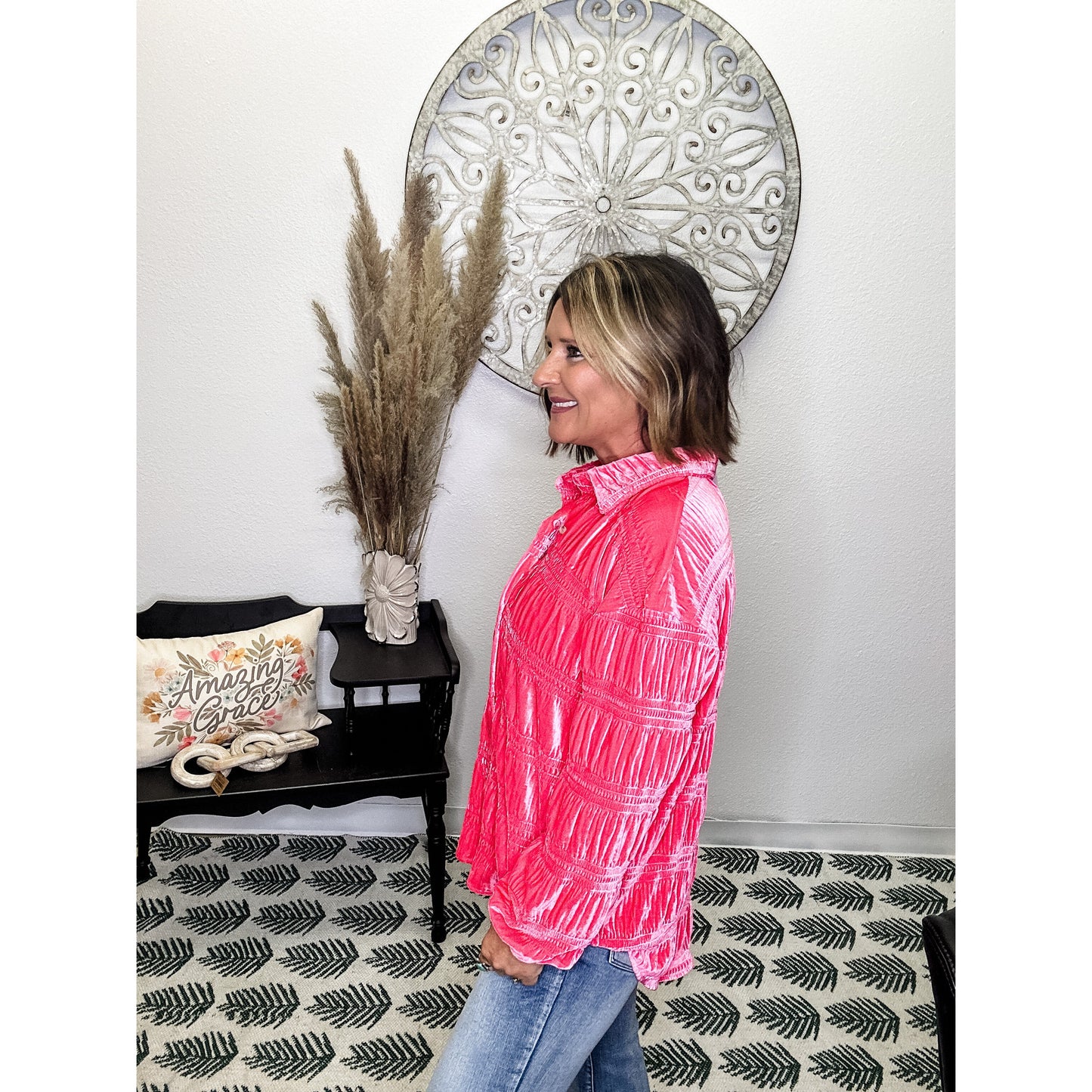 Hot Pink Velvet Button Down