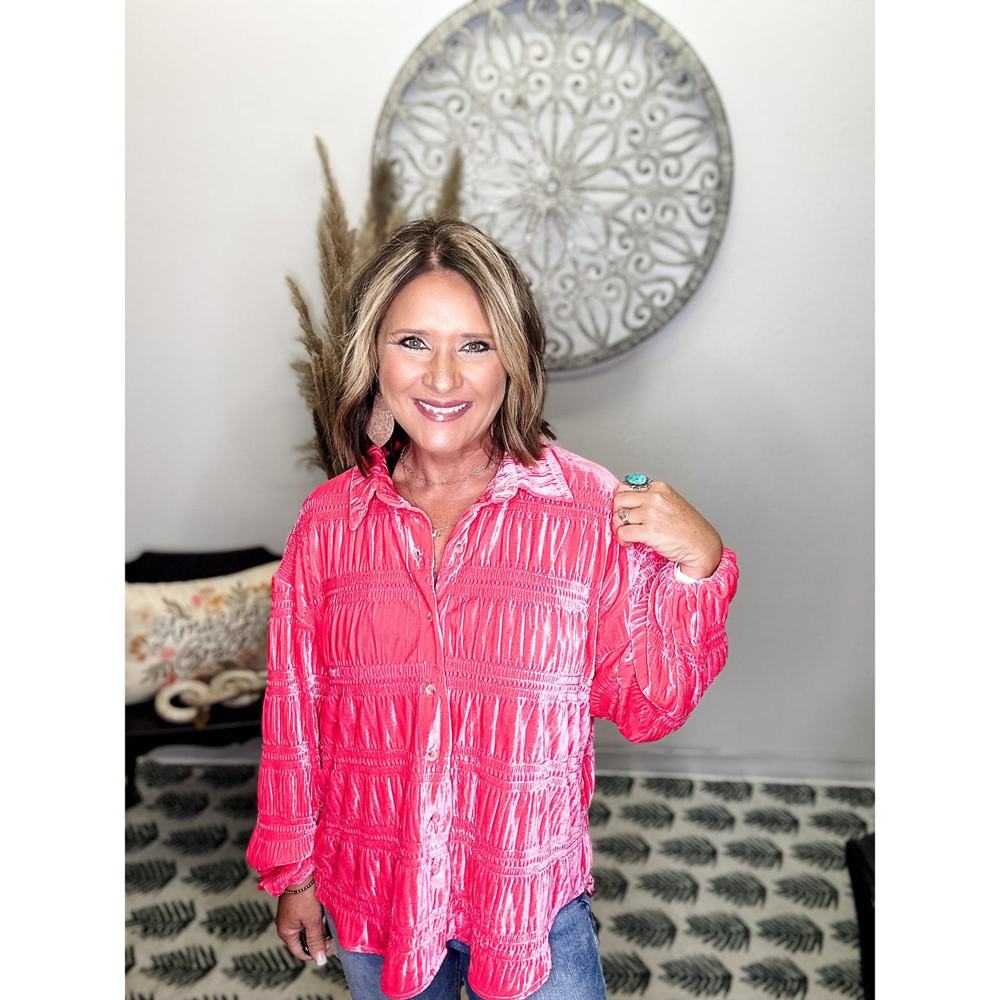 Hot Pink Velvet Button Down