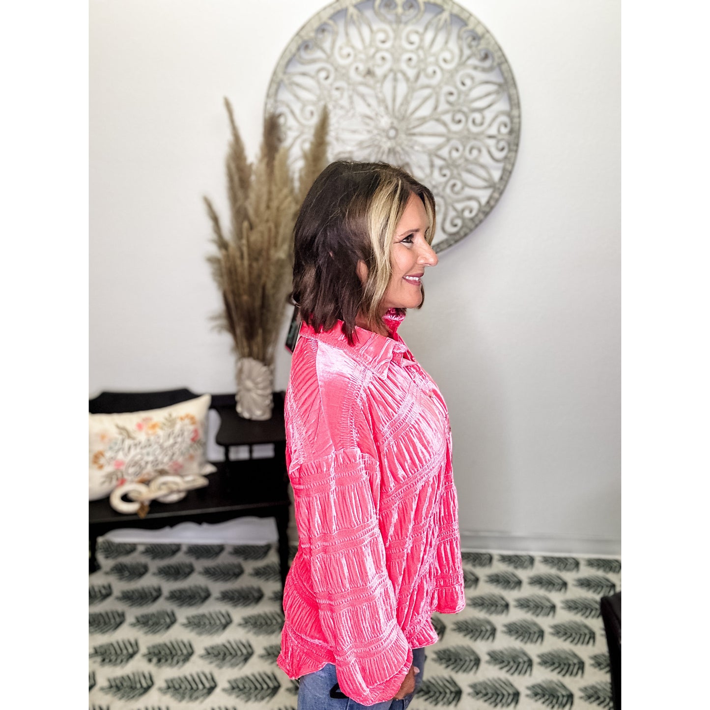 Hot Pink Velvet Button Down