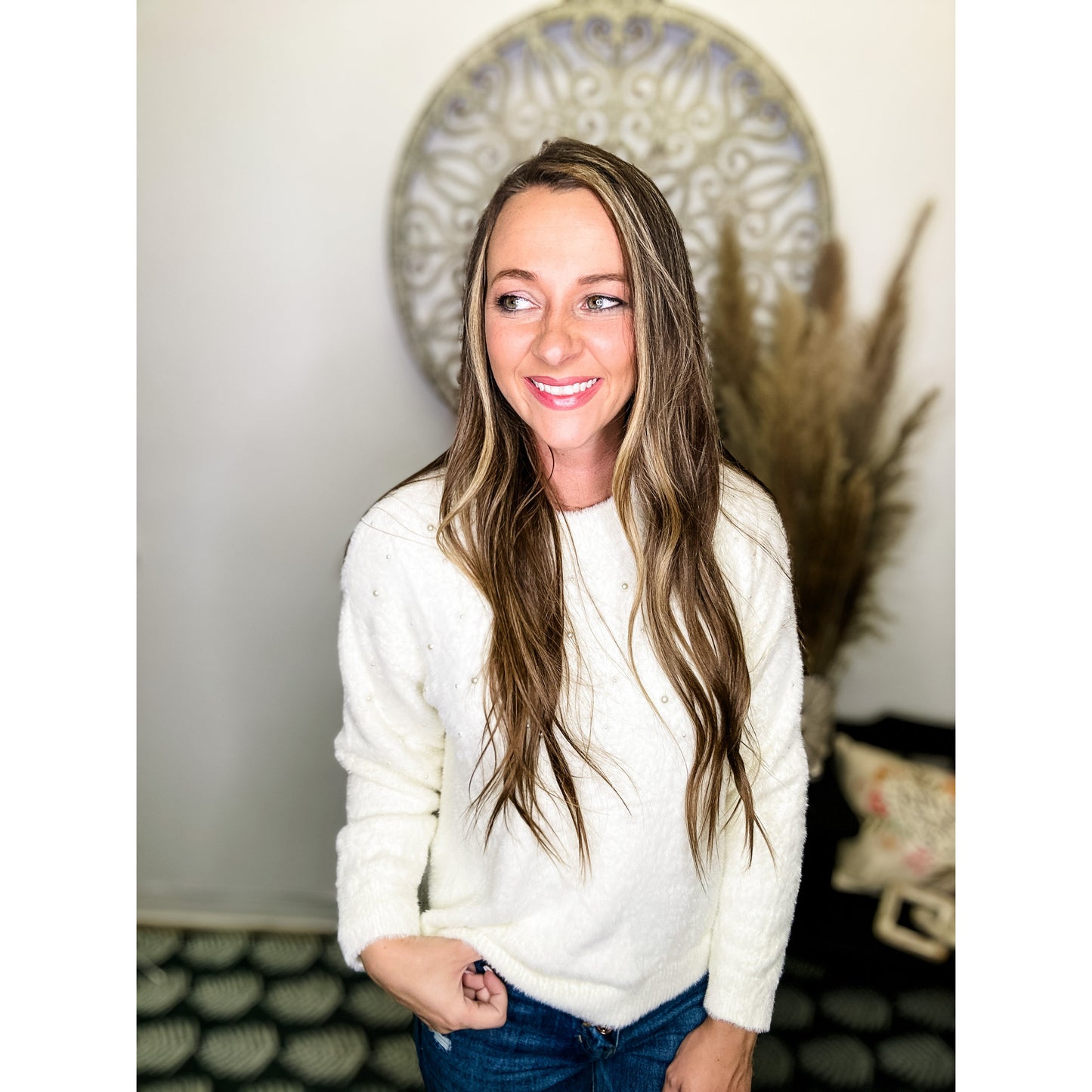 Pearl Beaded Fluffy Knit Sweater Top