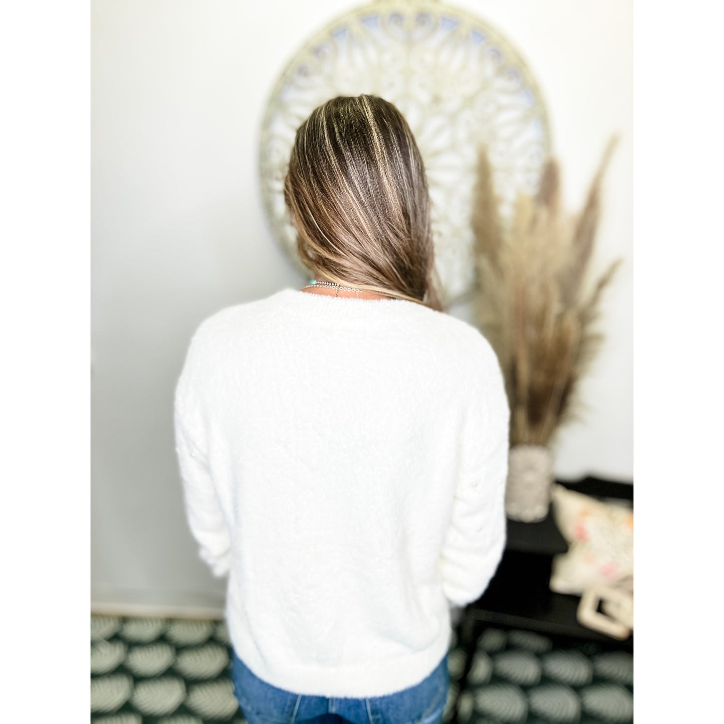 Pearl Beaded Fluffy Knit Sweater Top