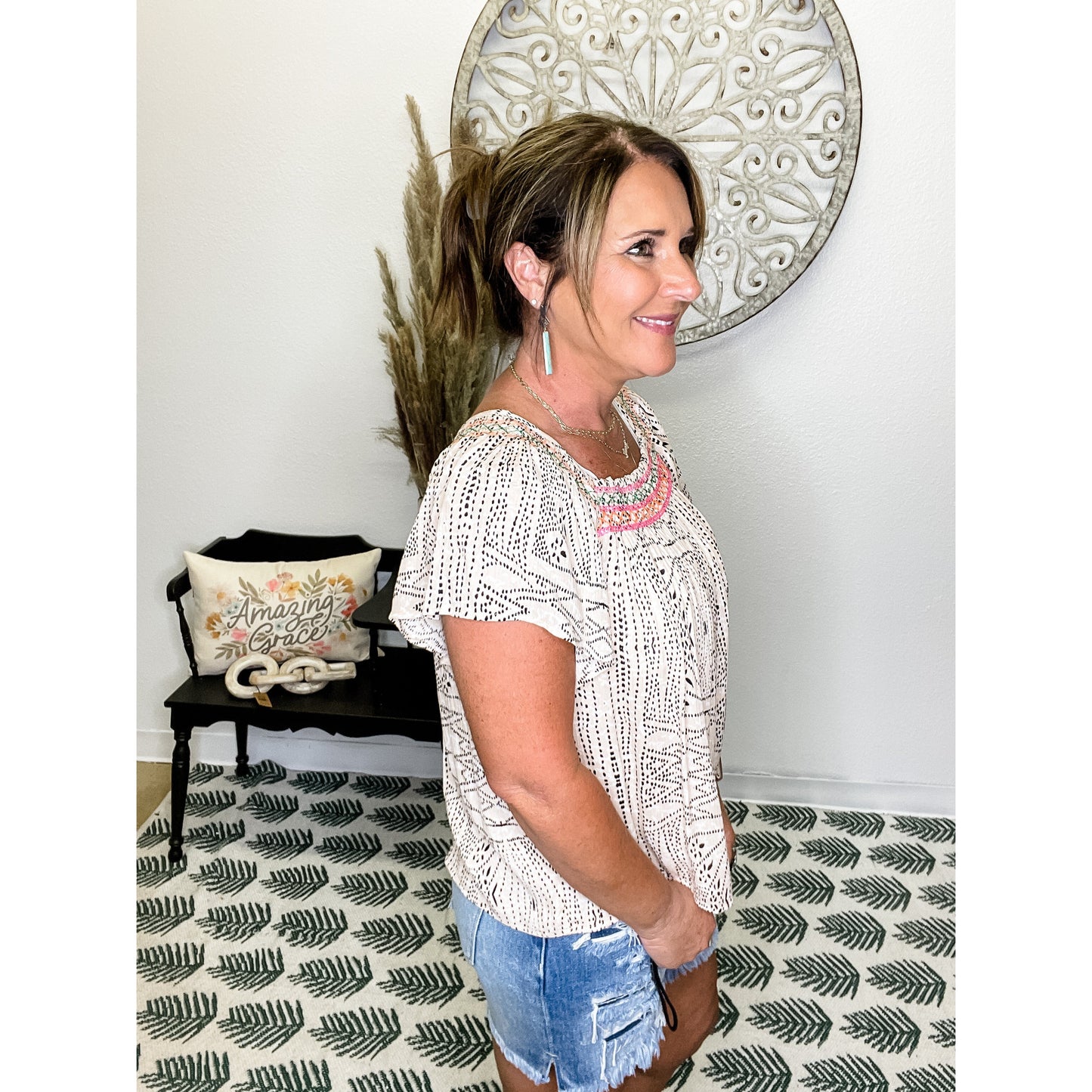 Embroidered Neckline Top