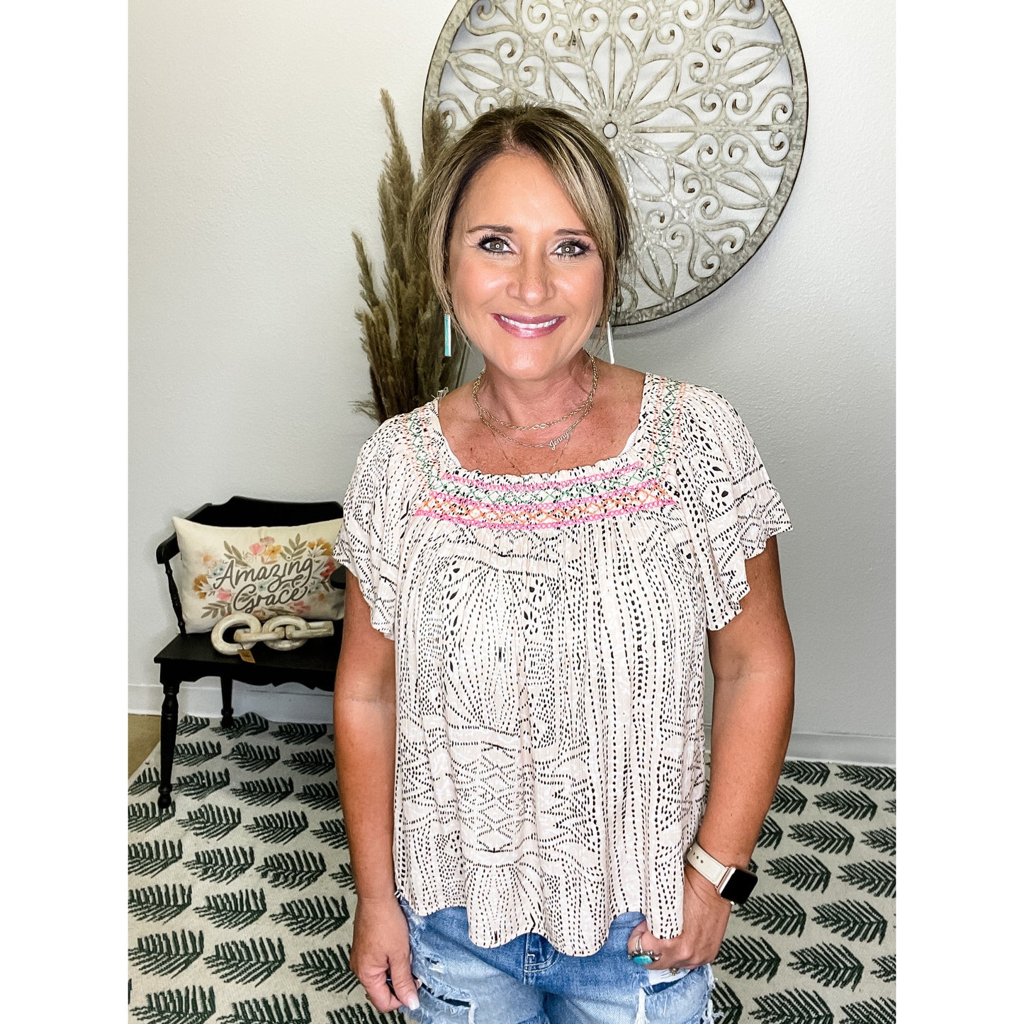 Embroidered Neckline Top