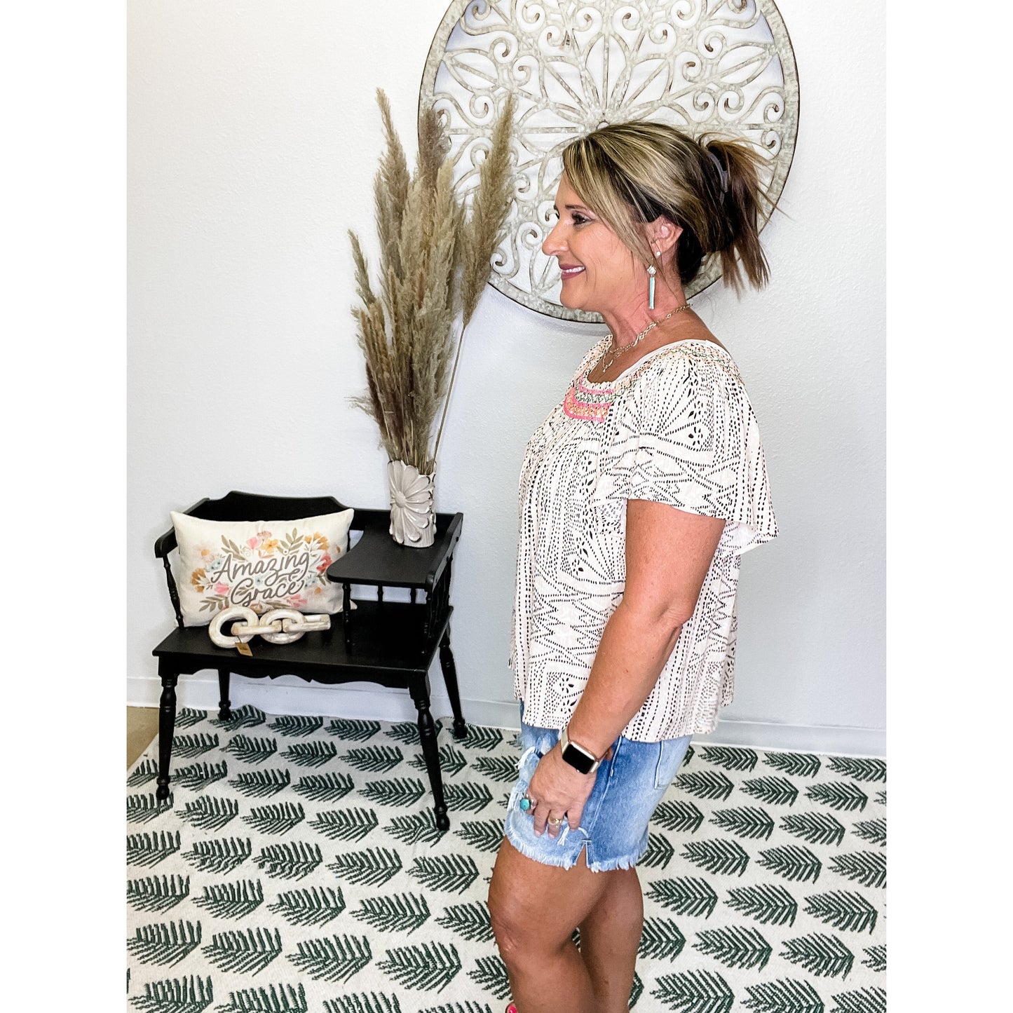 Embroidered Neckline Top