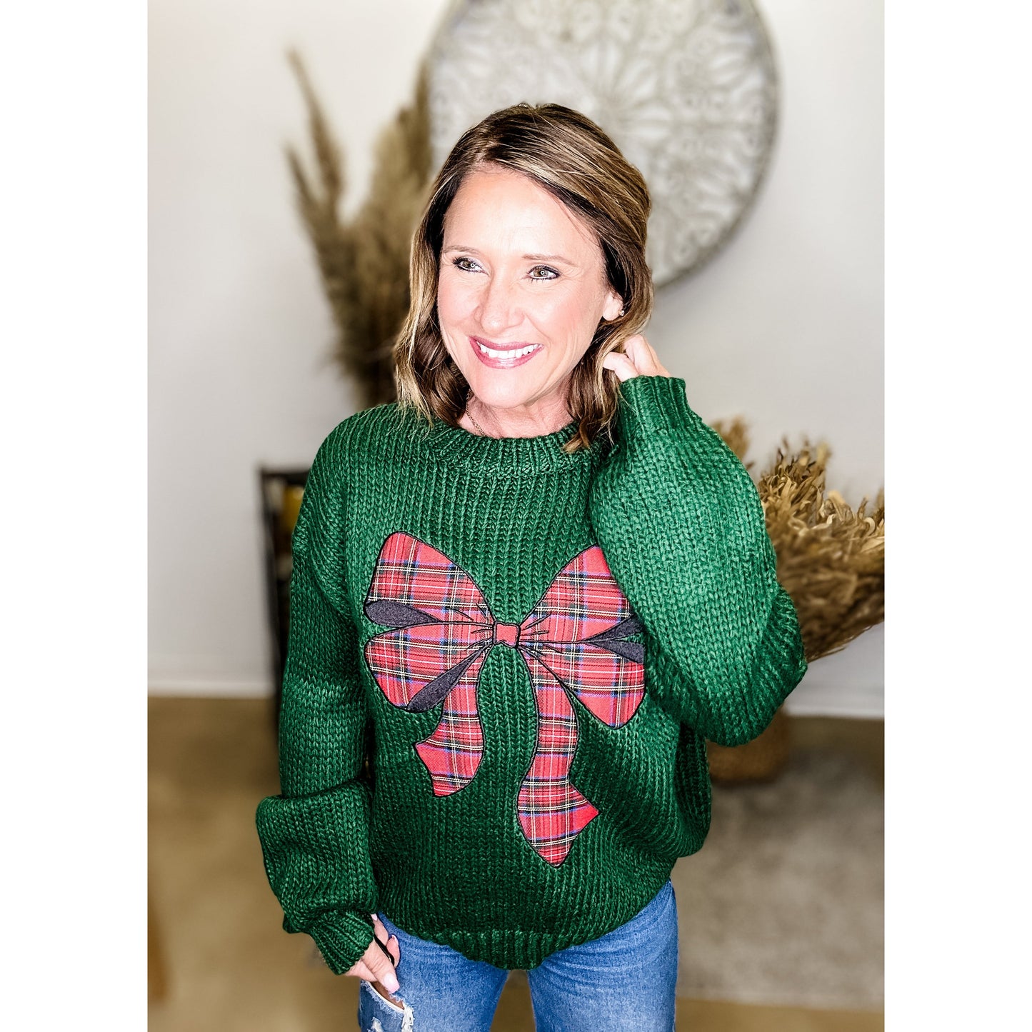 Christmas Sweater With Plaid Bow