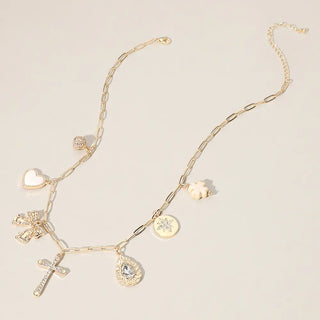 Cross Mother of Pearl Heart Clover Bow Charm Chain Necklace