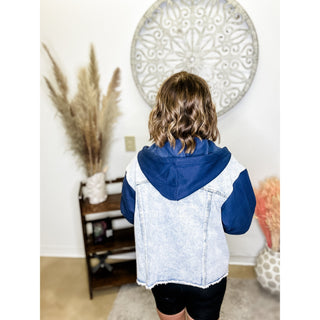 Denim Hoodie Jacket with Fleece Sleeves