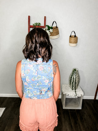 Ditsy Flower Printed Denim Vest
