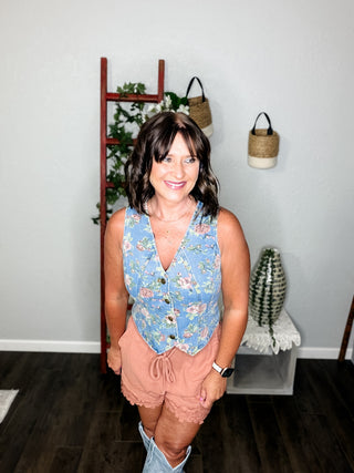 Ditsy Flower Printed Denim Vest