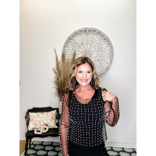 Embellished Long Sleeves Mesh Top