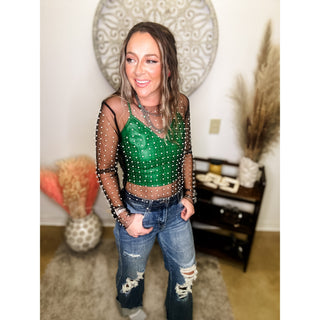 Embellished Long Sleeves Mesh Top