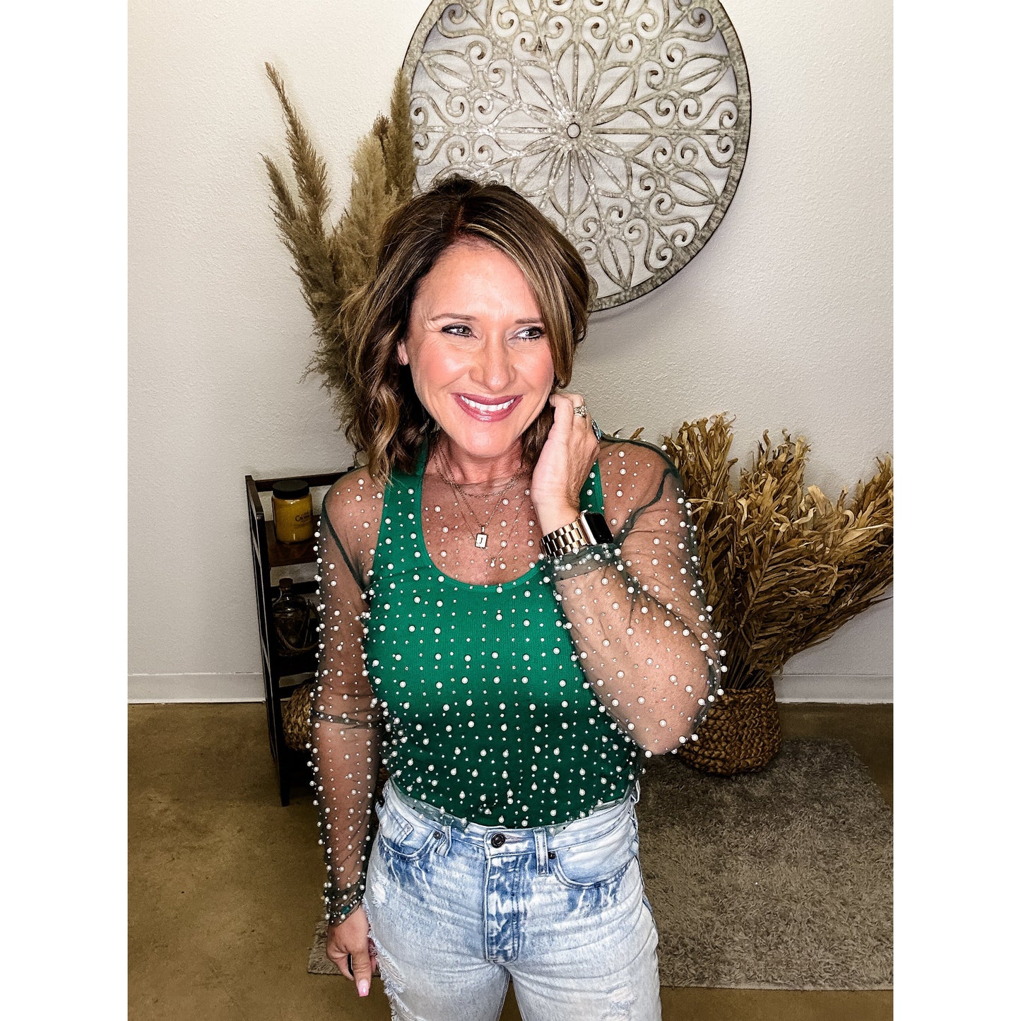 Green Embellished Mesh Top