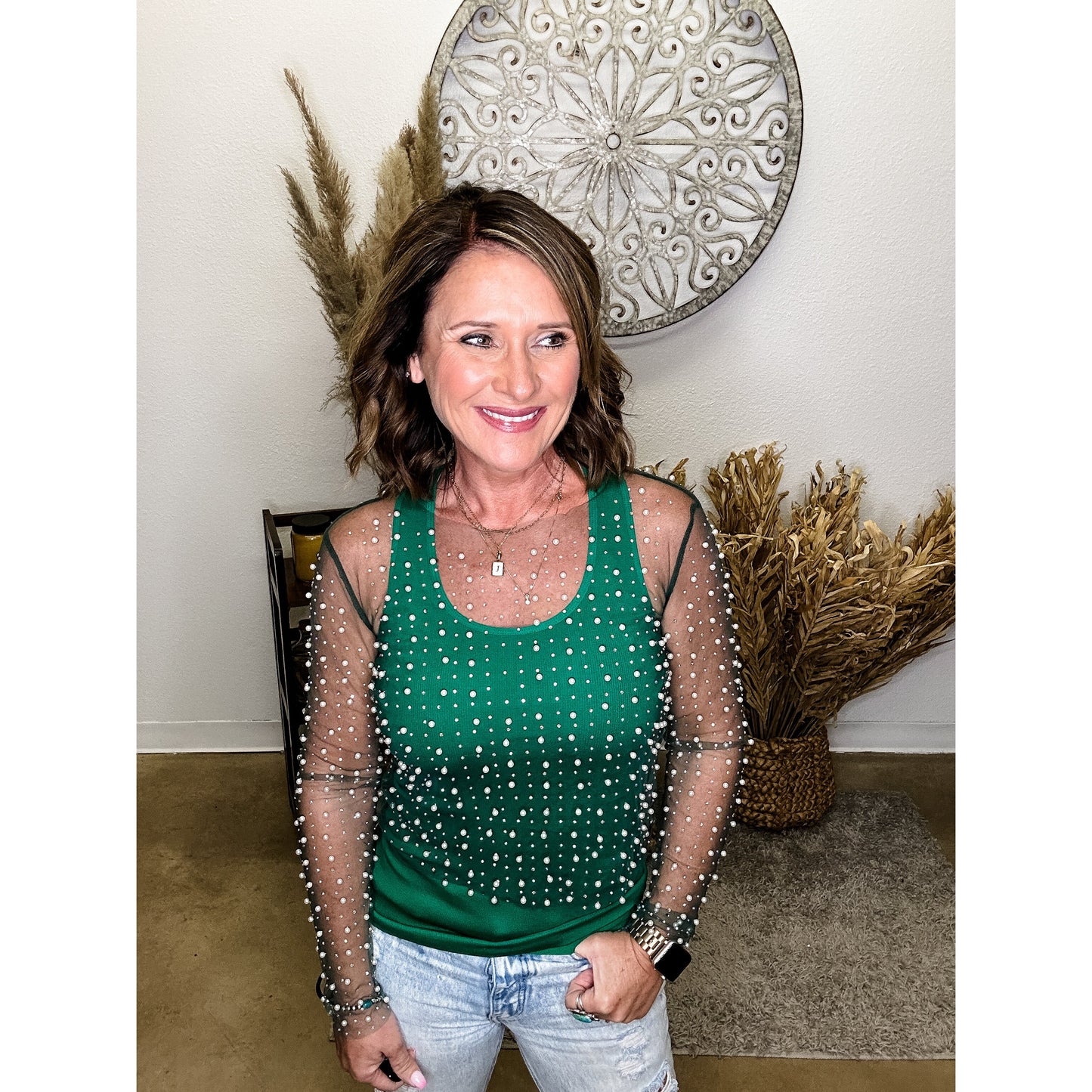 Green Embellished Mesh Top