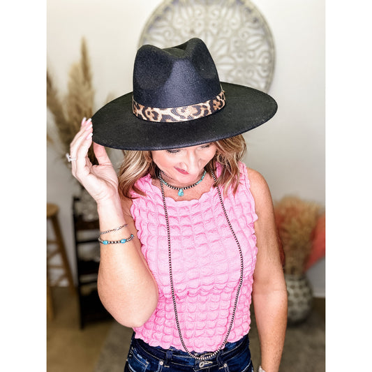 Leopard Strap Flat Brim Fedora Hat