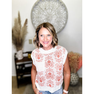 Orange Floral Sleeveless Sweater