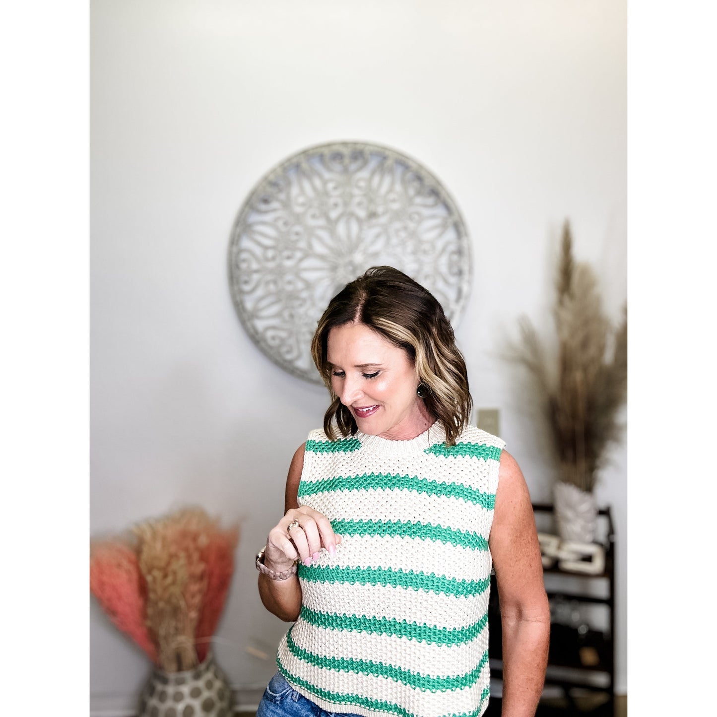 Sleeveless Green Striped Sweater