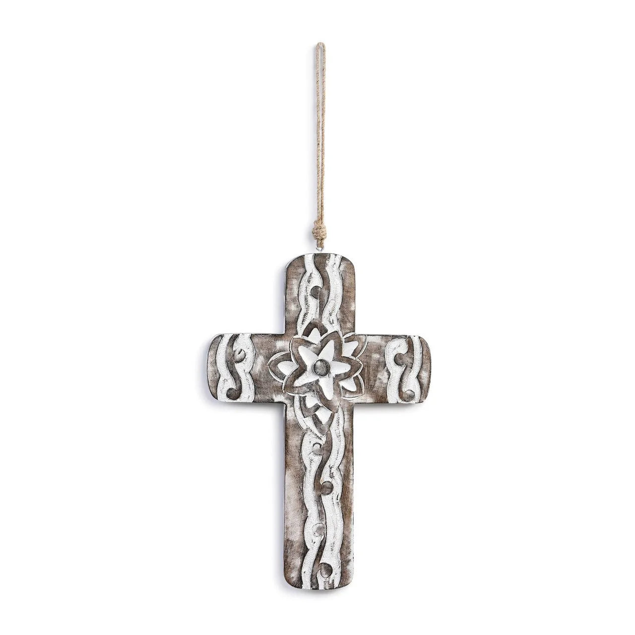 Carved Flower White Washed Cross