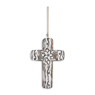 Carved Flower White Washed Cross