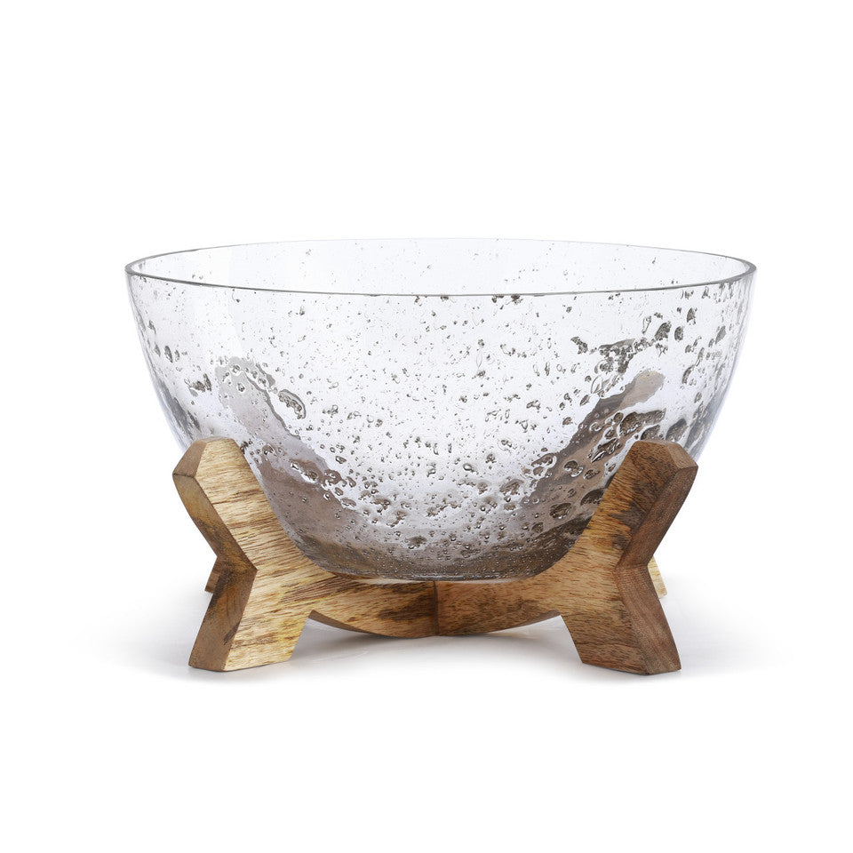 Glass Bowl with Wood Base Natural Medium Wood 7"h
